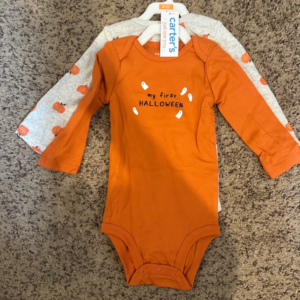 Carters Just One You Baby 9M My First Halloween Pumpkin Bodysuit 2-Pack NWT